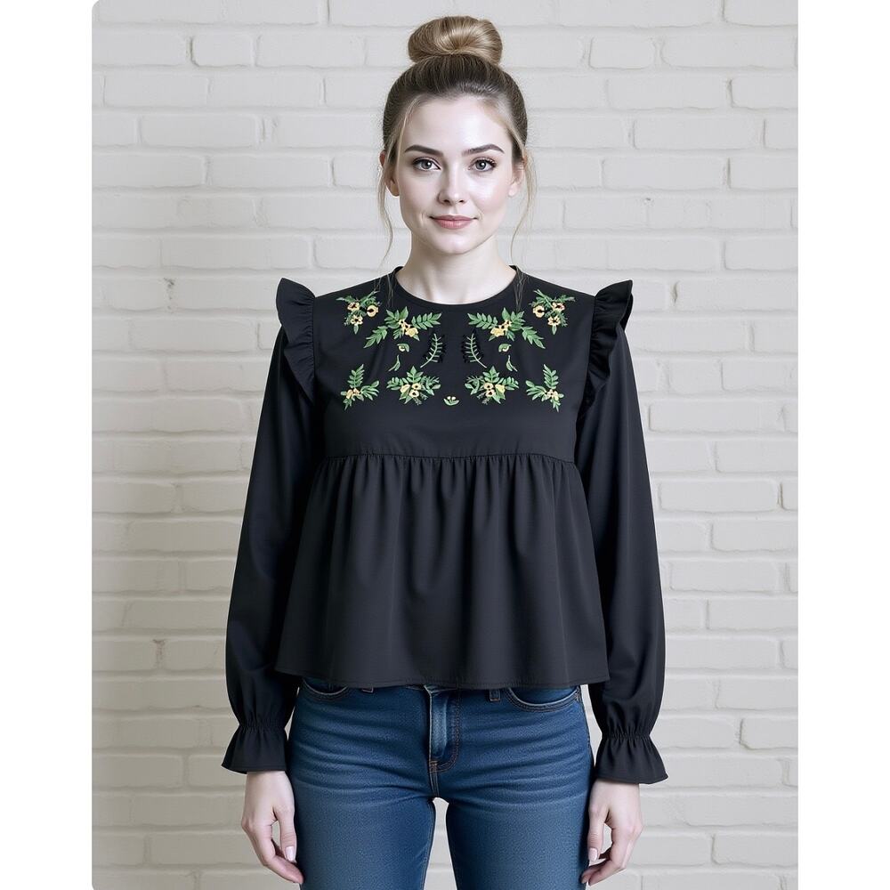 bleuh ciel Black Embroidered Ruffle Top Shirt Small Bohemian Hippie Garden